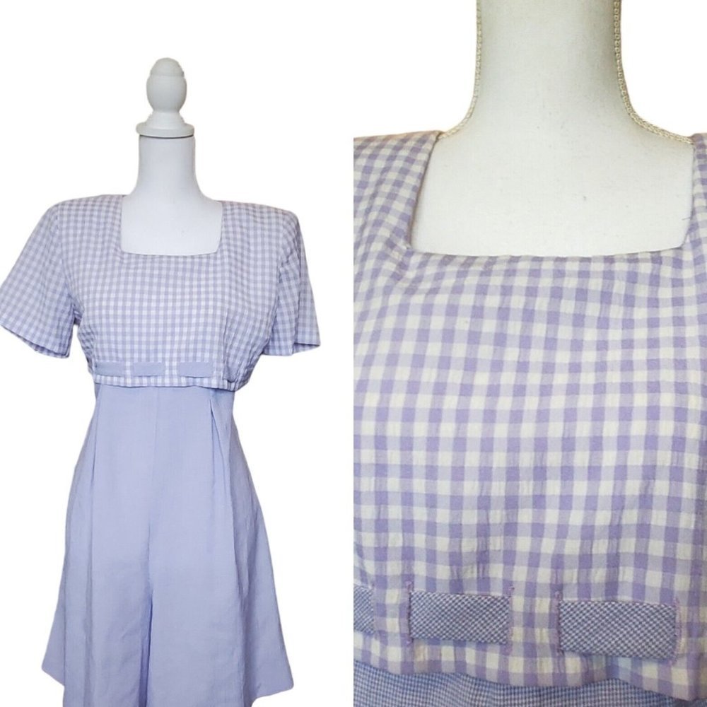 Vintage 90s Gingham Plaid Romper Lilac Lavender Square Cut Tie back Empire Waist